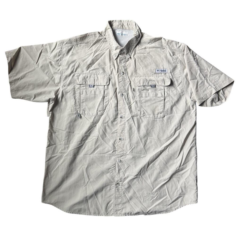 Columbia PFG Shirt Men Large Tan Short Sleeve Outdoor Fishing Utility Camp Shirt
